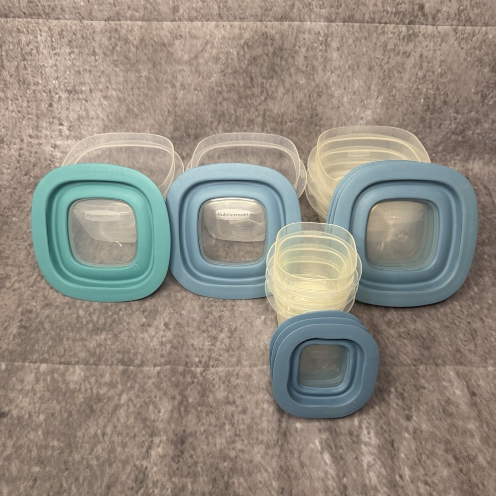 8 Rubbermaid Square Bowls Teal Blue Window Lids 10M1M2 7N93